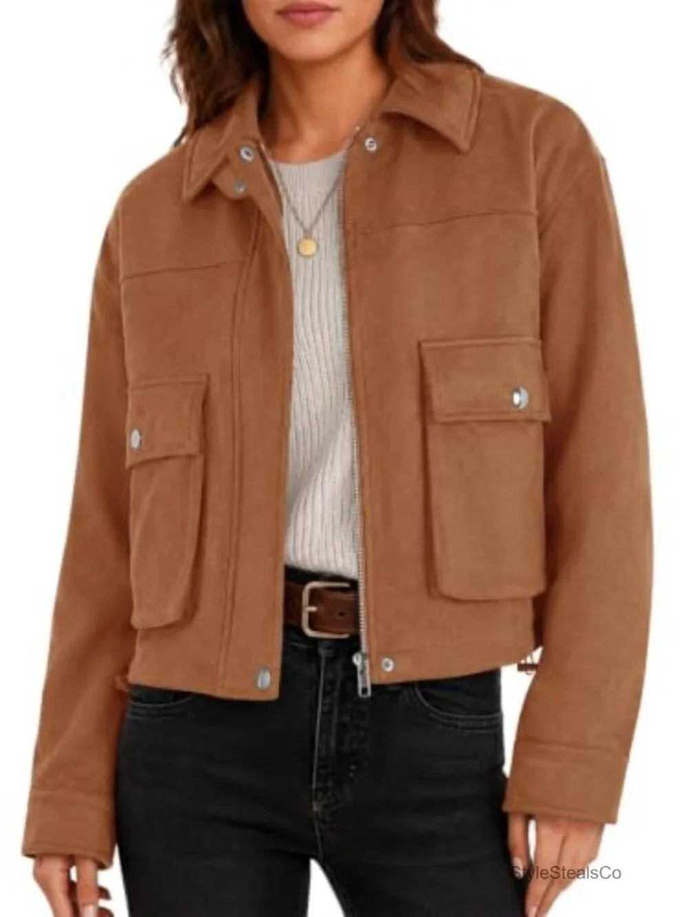 Faux Suede Cropped Bomber Jacket Zip Up Stand Collar Casual Coat